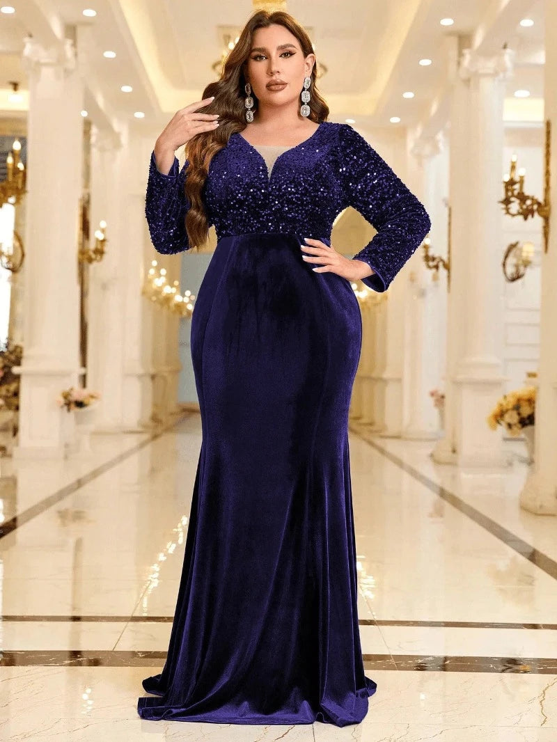 navy blue evening formal long sleeve dress