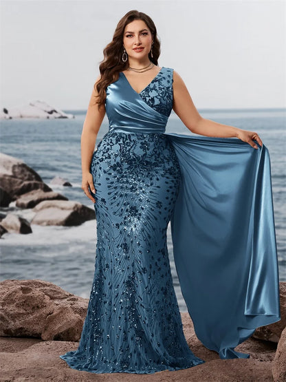 Elegant Blue Satin And Sequins Plus Size Party Dress