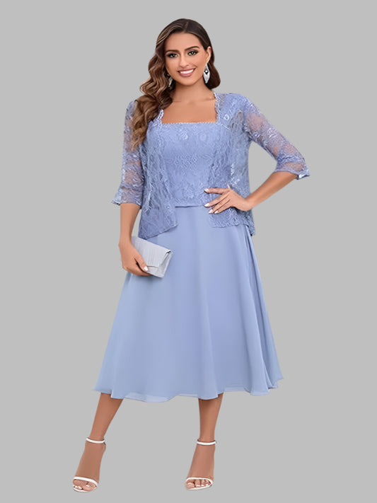 Mother of the bride or groom, light blue Midi length dress with a matching jacket for wedding or evening event