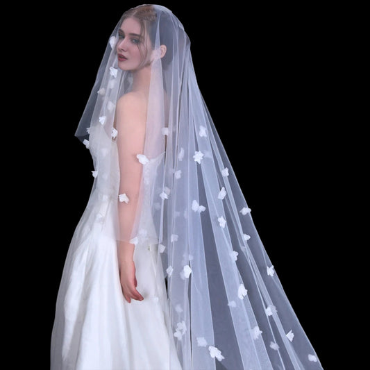 Long White 3D Flowers Blusher Wedding Veil