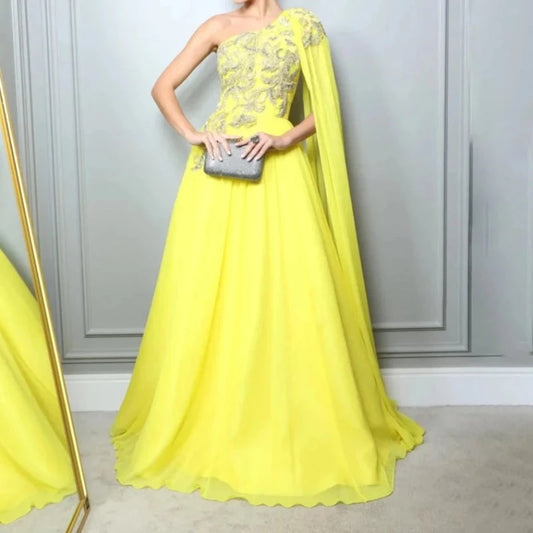 Yellow Chiffon Appliqued One Shoulder Evening Formal Gown