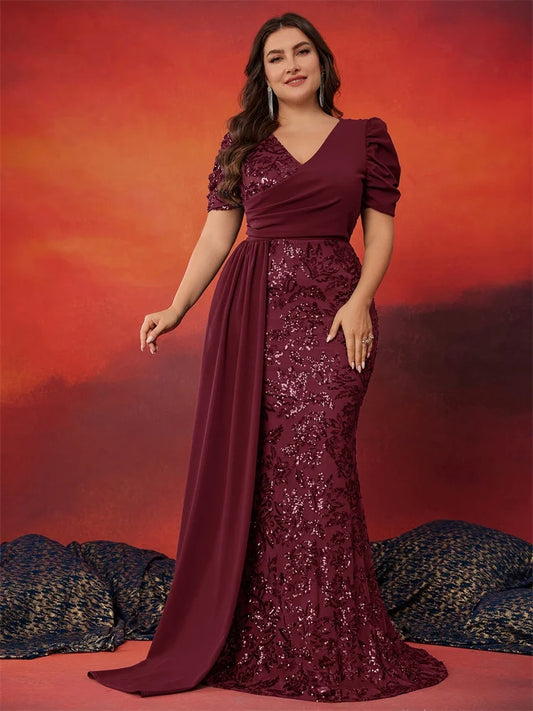 Burgundy plus size sequin v neck with short sleeves evening dress 