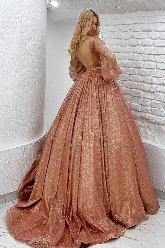 Pink Glitter Puff Sleeves Backless Evening Formal Gown