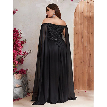 Plus Size Off Shoulder Cape Sleeve Sequin Evening Gown