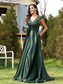 Dk Green Satin Sequin Short Sleeve Evening Dress