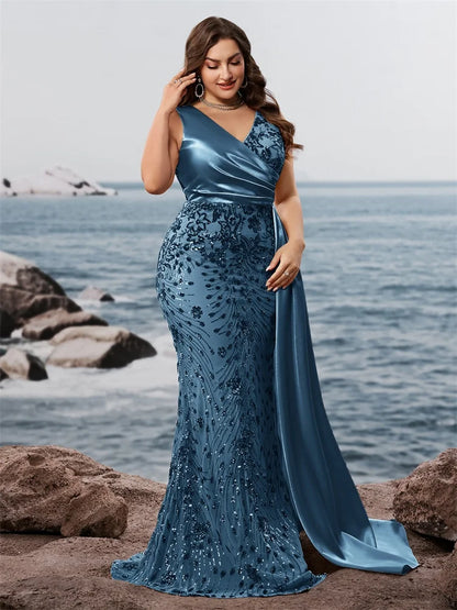 Elegant Blue Satin And Sequins Plus Size Party Dress