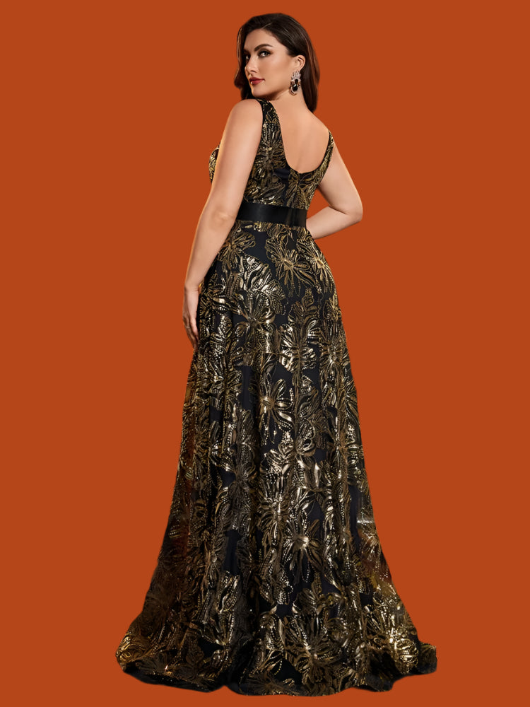 Night out all sequin combination of black and gold pattern elegant plus size evening dress in sizes 14-24w
