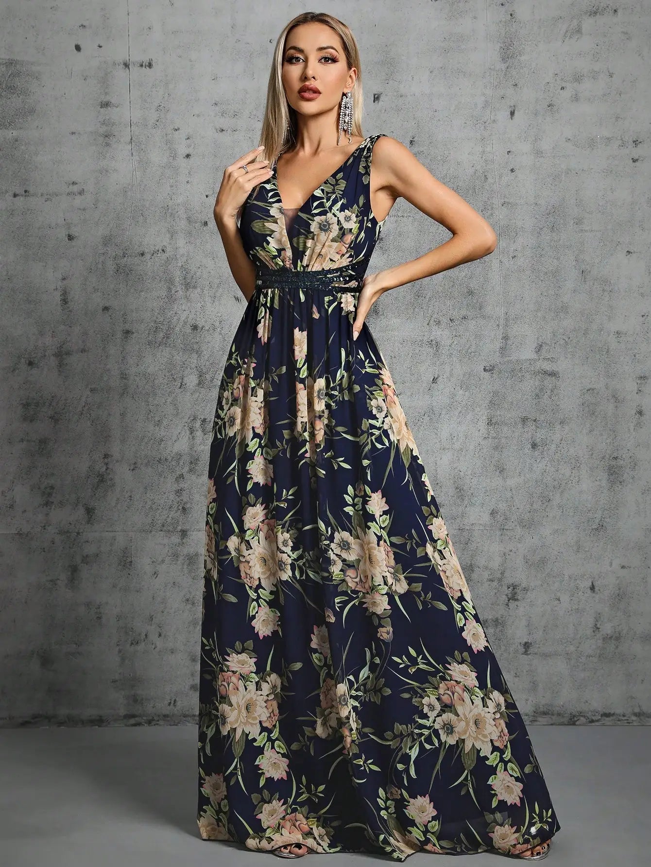 navy floral chiffon party dress-formal elegance