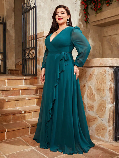 Green Plus Size Chiffon Crossover Style Party Dress