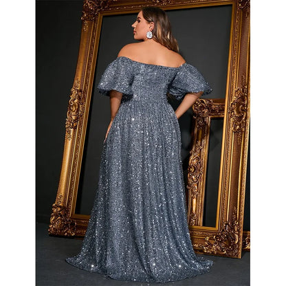 Plus Size Off Shoulder Silver Sequined Evening Dress