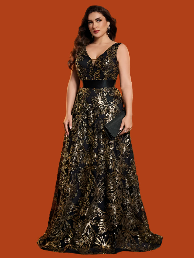 black and gold plus sizes evening gown. The design is v-neckline sleeveless floor-length with an open back