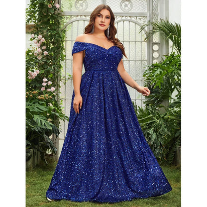 Royal Blue Plus Size Strapless Beaded Sequin Evening Dress