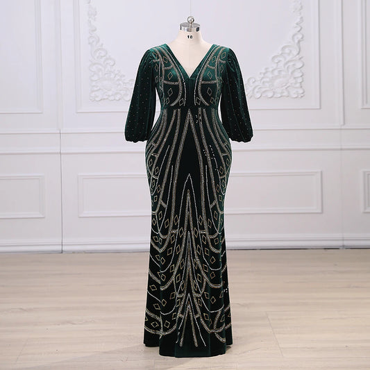 Elegant Green Velvet Beaded Plus Size Evening Dress
