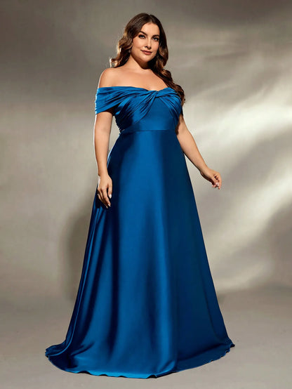 Blue Plus Size Off The Shoulder Satin Bridesmaid Party Dress