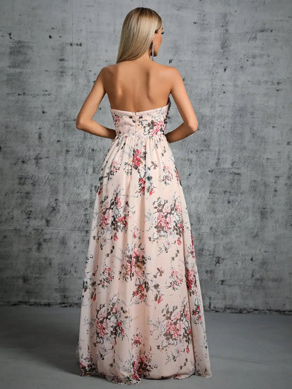 pink backless strapless pleated floral printed maxi dress-formal elegance