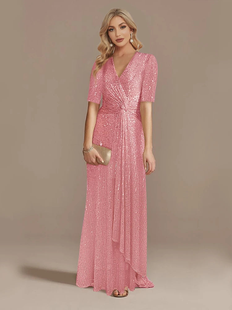 Elegant Floor Length V-Neck Sequin Evening Party Dress