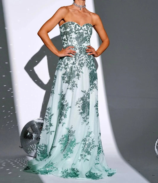 green strapless chiffon with sequins formal party dress