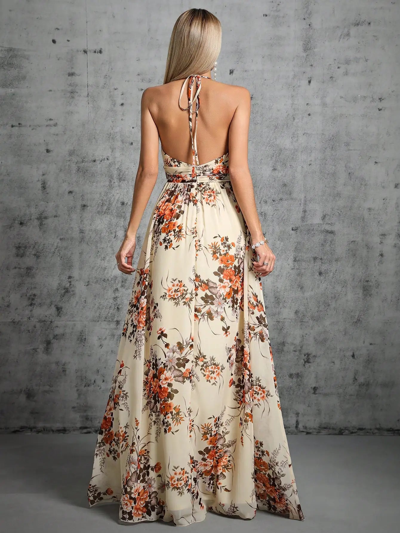 open back with spaghetti strap ties floral chiffon  dress