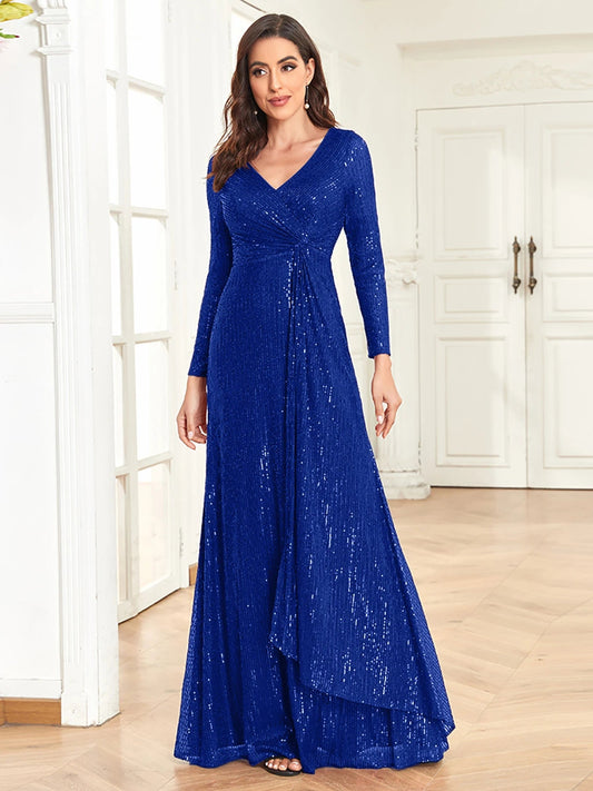 Royal blue colour V neck long sleeve sequinned evening gown
