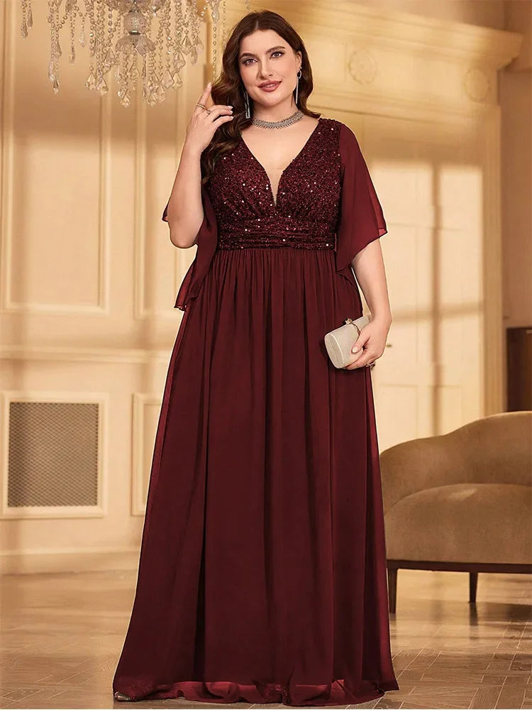 Burgundy Plus Size Chiffon V-Neck Sequined Short Sleeve Evening Dress