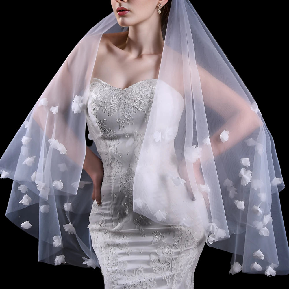 White 3D Floral Blusher Wedding Veil