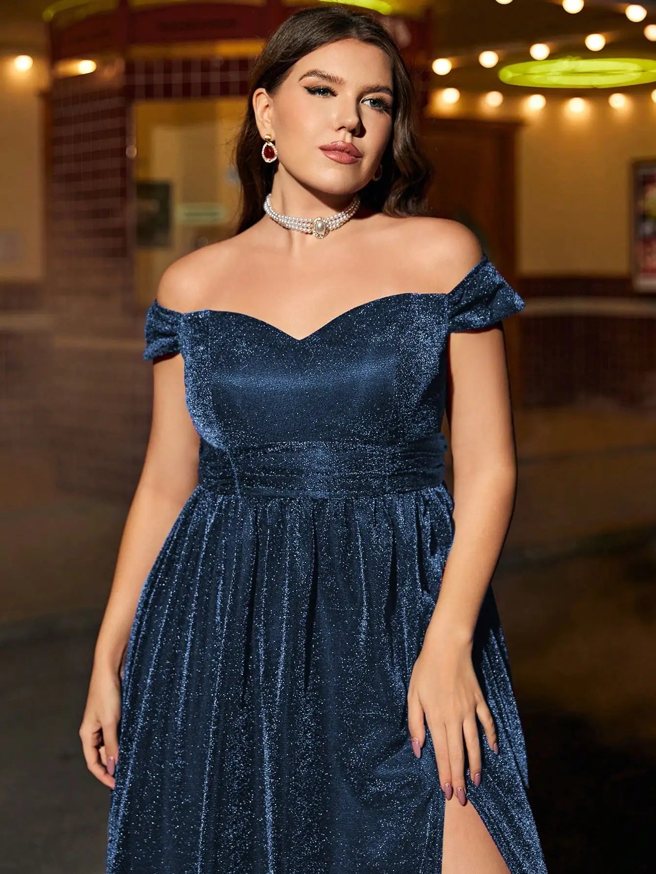 navy off the shoulder party dress-formal elegance