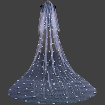 Long White 3D Flowers Blusher Wedding Veil
