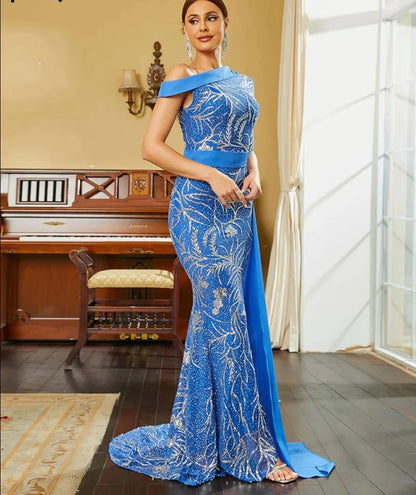 blue one shoulder with silver sequins evening dress-formal elegance