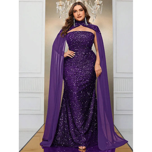 Plus Size Purple Sequin Strapless Cape Long Evening Gown