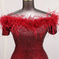 Red Feathers Sequin Off Shoulders Evening Formal Dress