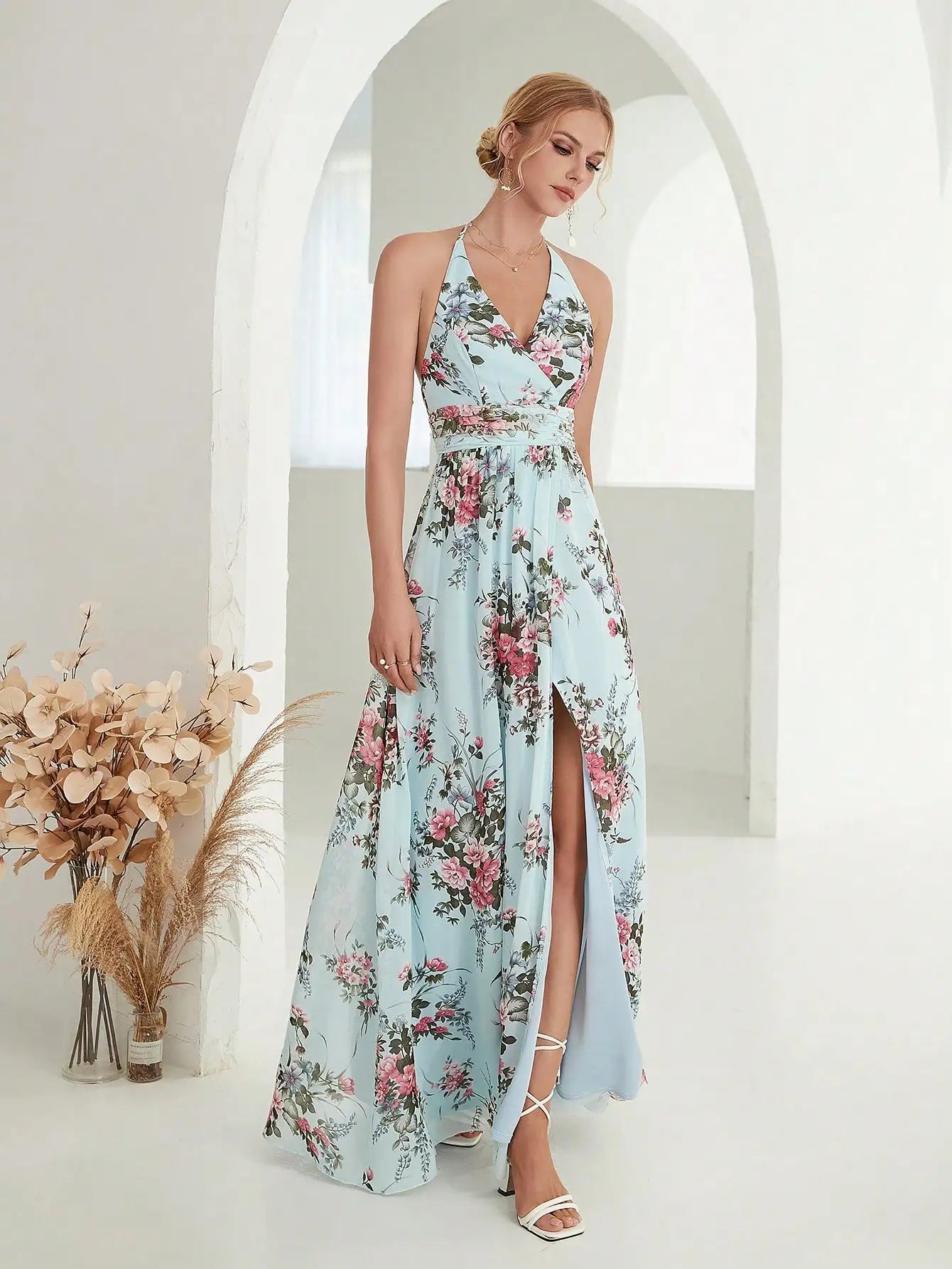 sky blue floral halterneck chiffon party dress-formal elegance