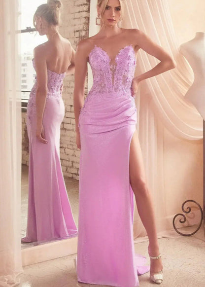 Elegant Strapless High Split Evening Party Dress