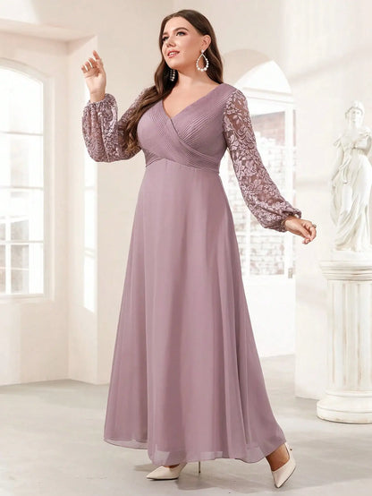 light purple chiffon with lace sleeves plus size ankle length evening dress-formal elegance