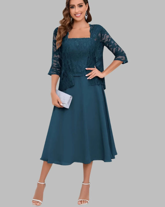 Peacock A-Line Two Piece Chiffon Dress