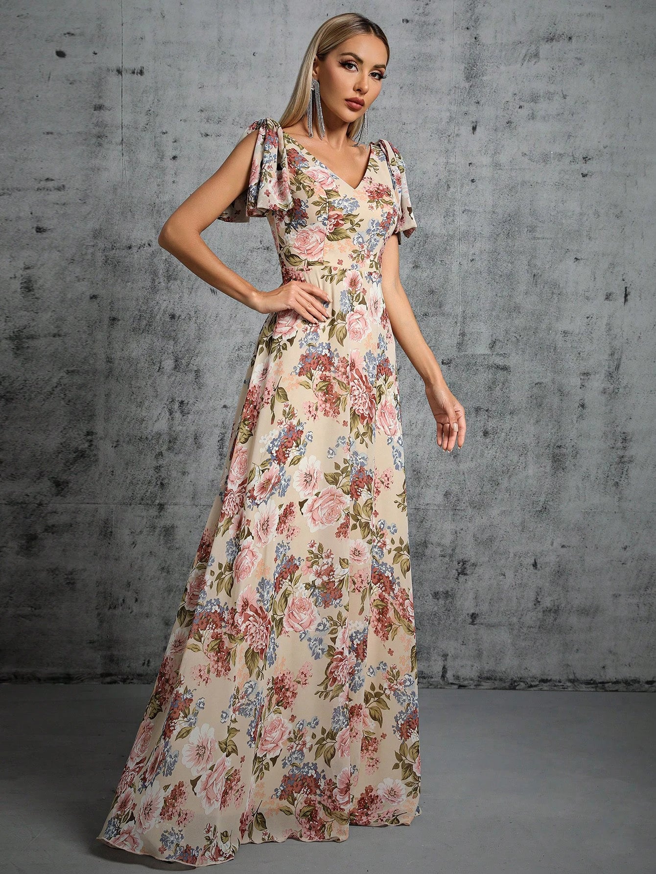 Floral Chiffon V Neck Short Sleeve Maxi Party Dress