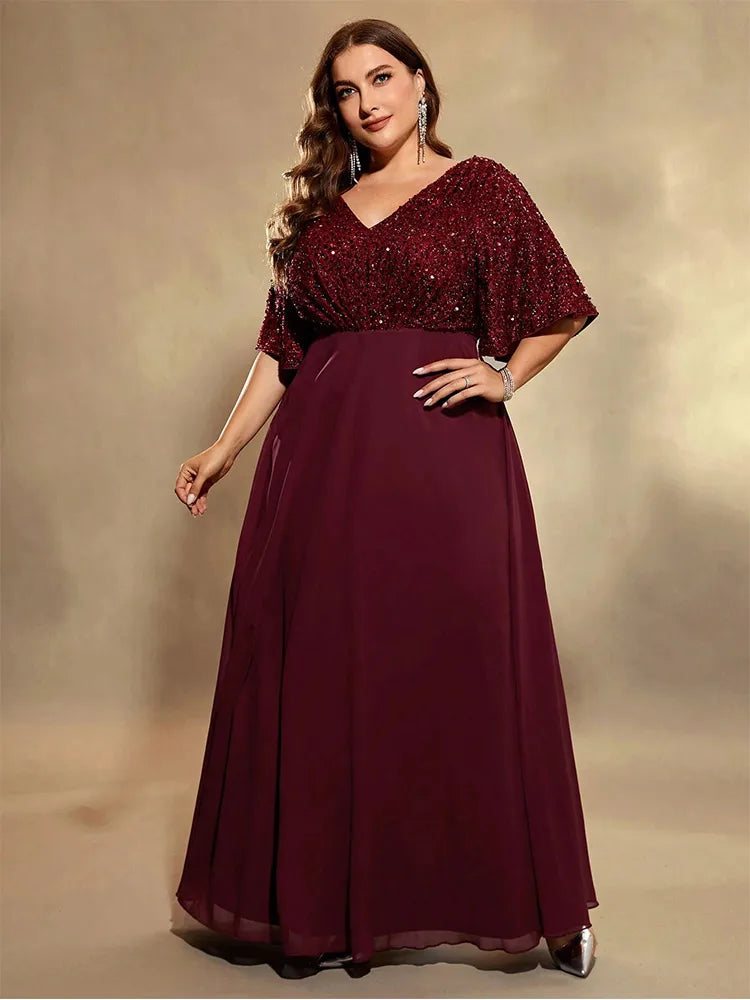 burgundy chiffon and sequins v-neck short sleeve evening dress-formal elegance