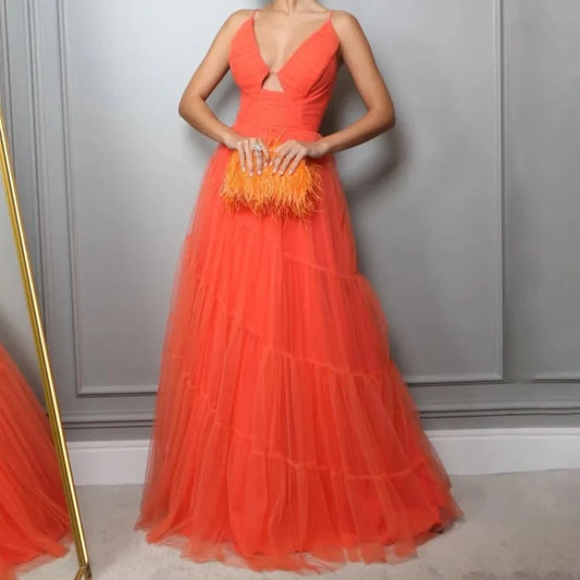 orange tulle layered evening formal gown-Formal Elegance