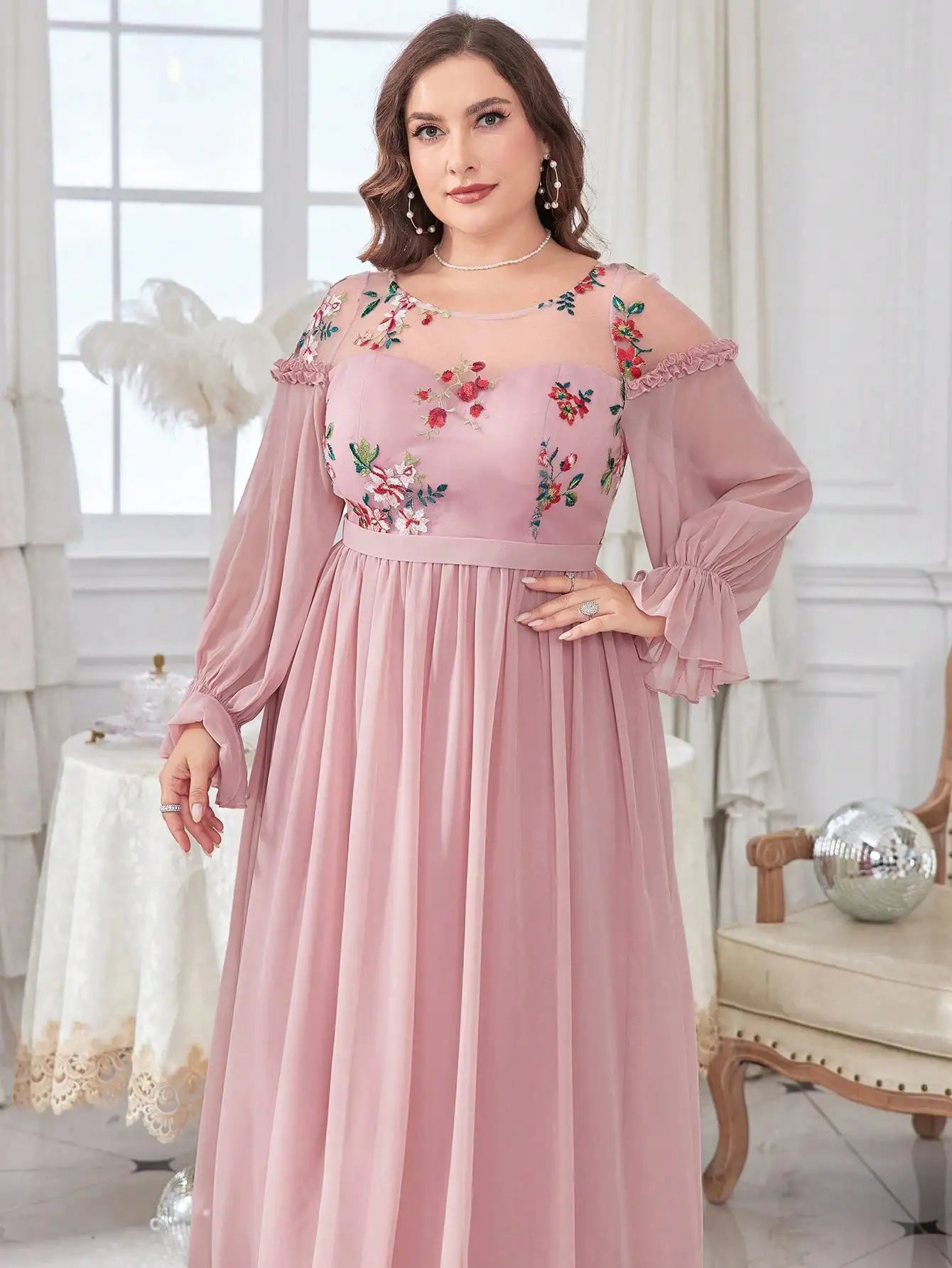 Pink Plus Size Floral Embroidery Chiffon Evening Gown