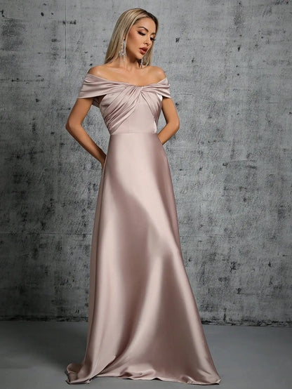 satin off shoulder formal gown