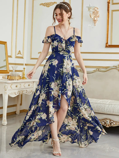 navy off the shoulder high low chiffon party dress-formal elegance