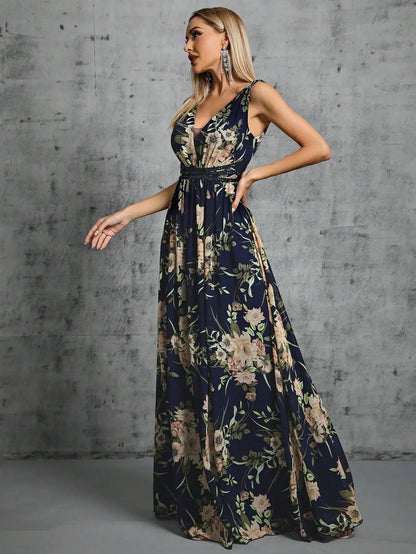 Navy Floral Print Chiffon Sequin Waist Party Dress 