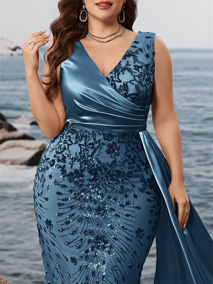 Elegant Blue Satin And Sequins Plus Size Party Dress