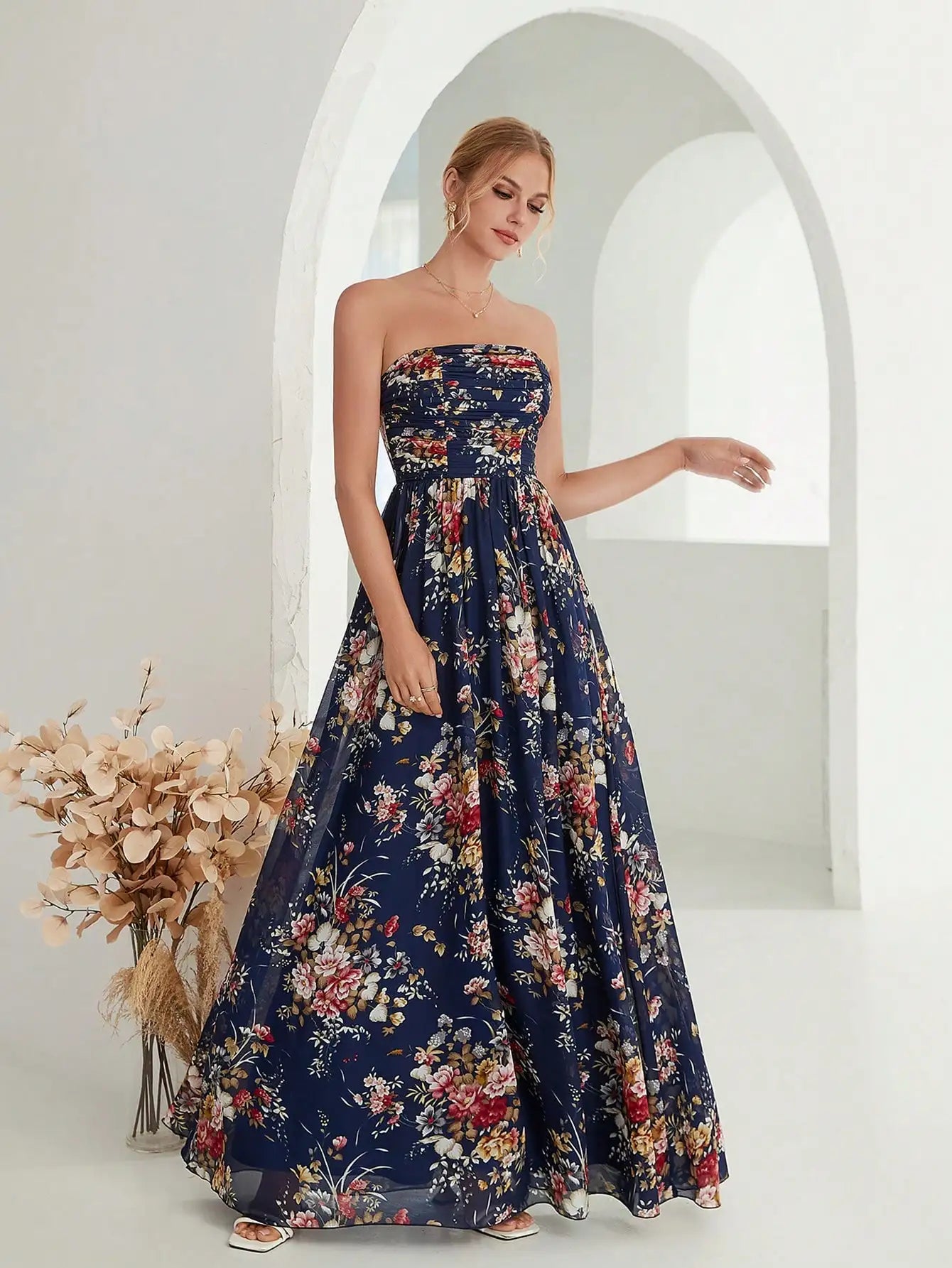 navy strapless pleated floral printed maxi dress-formal elegance