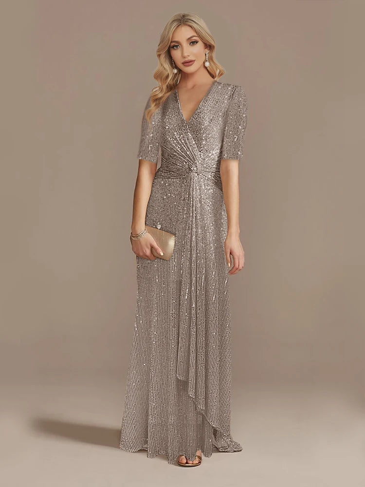 Elegant Floor Length V-Neck Sequin Evening Party Dress