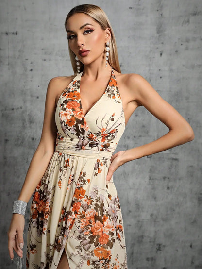 Halter Neck Floral Chiffon Split Party Maxi Dress