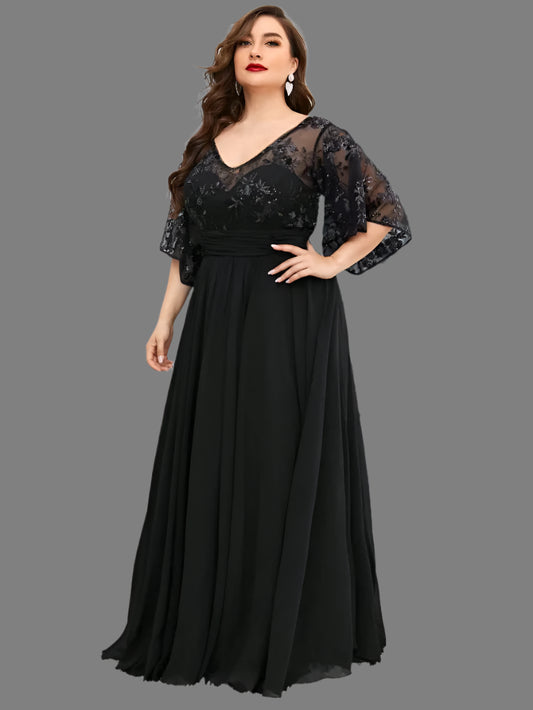 Black Lace Sequins Half Sleeve Plus Size Evening Dress