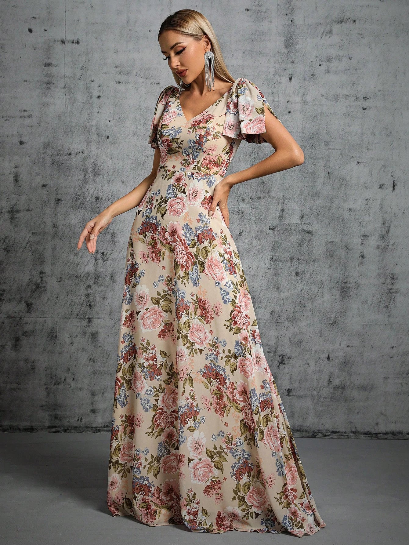 floral chiffon short sleeve maxi party dress-formal elegance