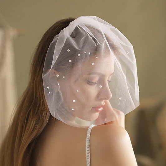 Short Veil Face Cover With Pearls
