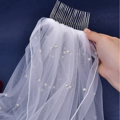 Short bridal veil on comb base, sheer tulle with scattered pearl-like beads