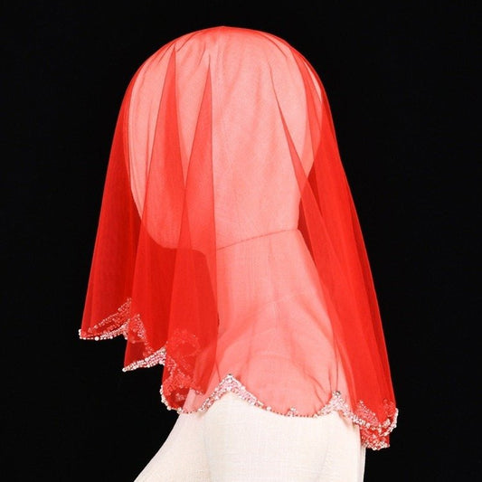 Short Veil Red Beaded Headcover
